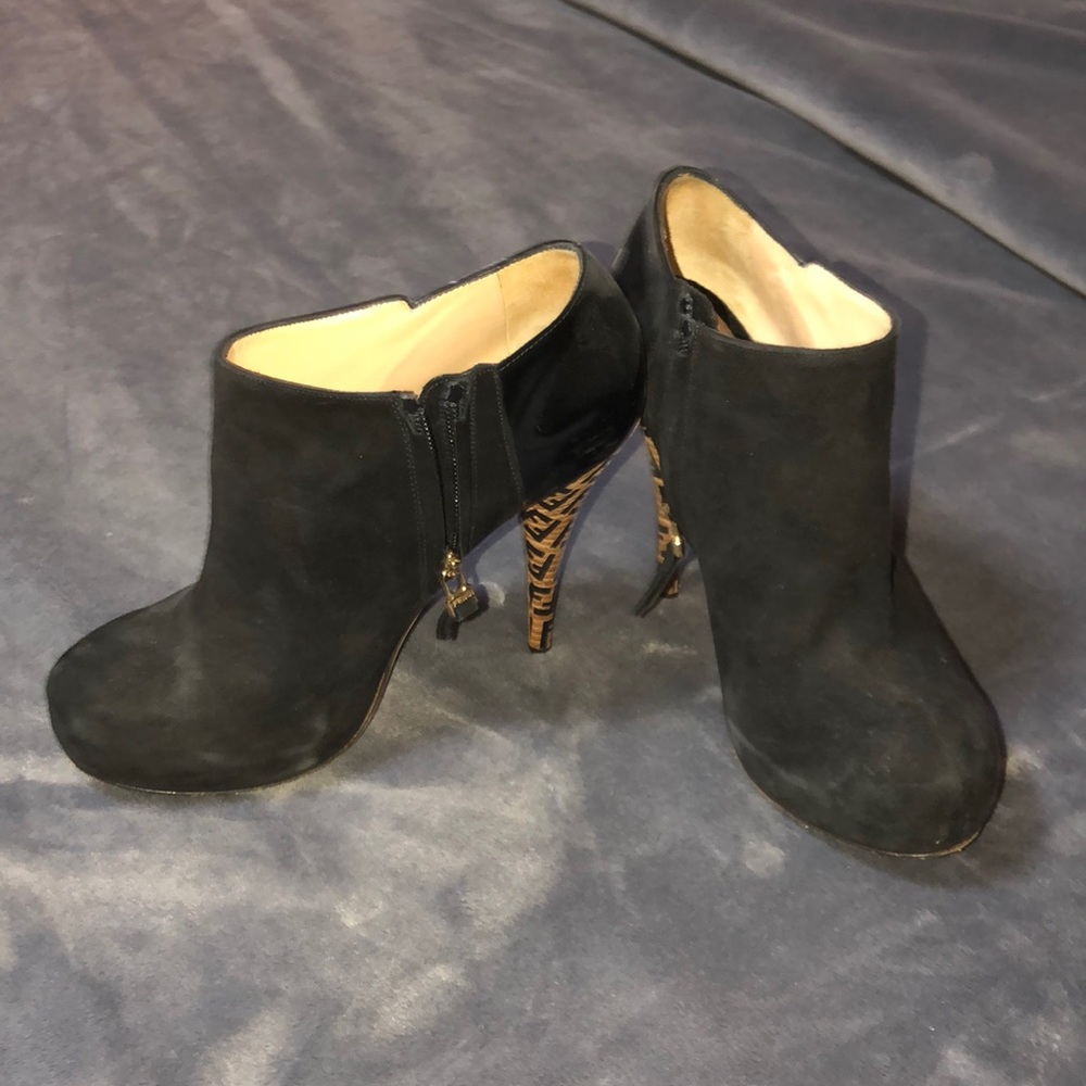 Fendi Black Suede Booties with Logo Heels
